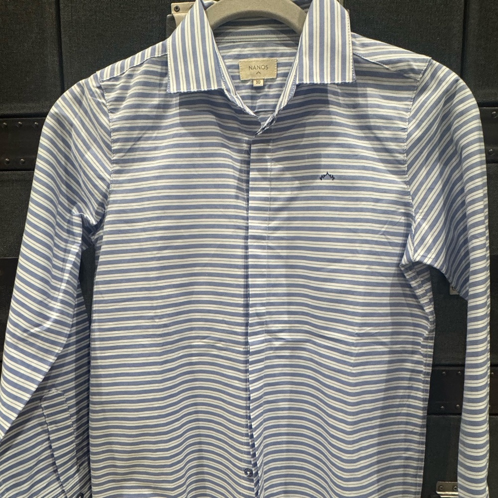Nanos boys button down dress shirt, size 10, color blue and white, cotton fabric